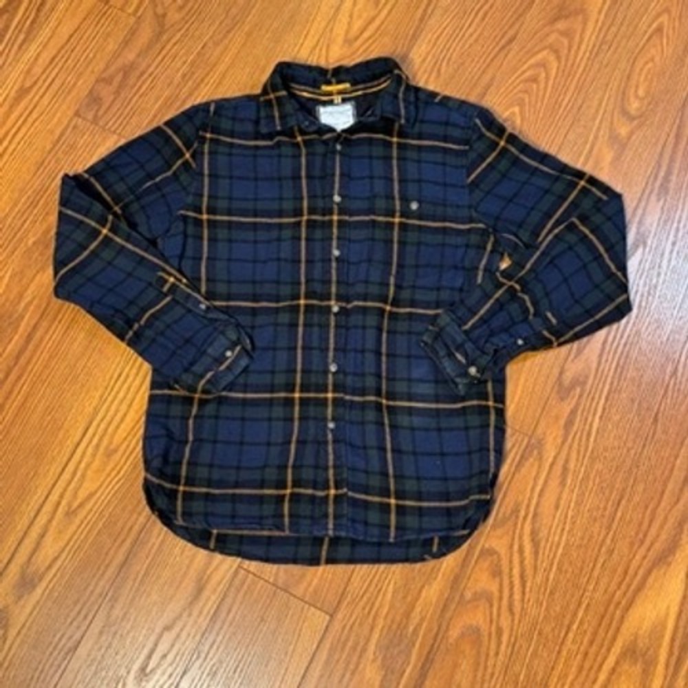 Denim & Flower Ricky Singh Mens Small Navy Blue Green Yellow Plaid Flannel Shirt